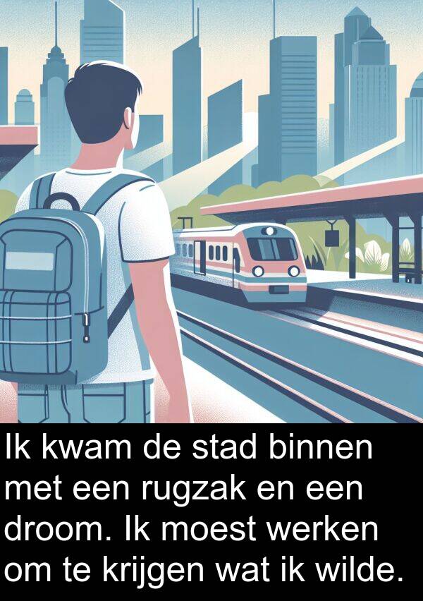 droom: Ik kwam de stad binnen met een rugzak en een droom. Ik moest werken om te krijgen wat ik wilde.
