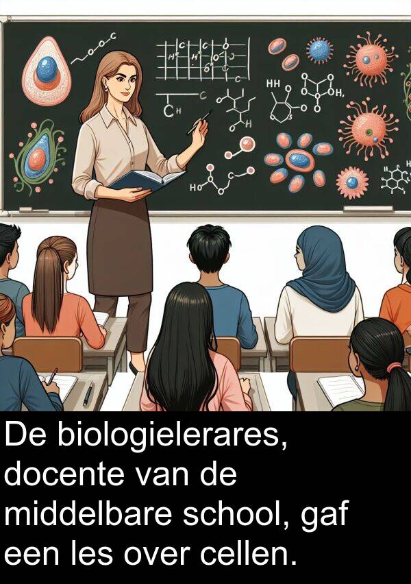 gaf: De biologielerares, docente van de middelbare school, gaf een les over cellen.