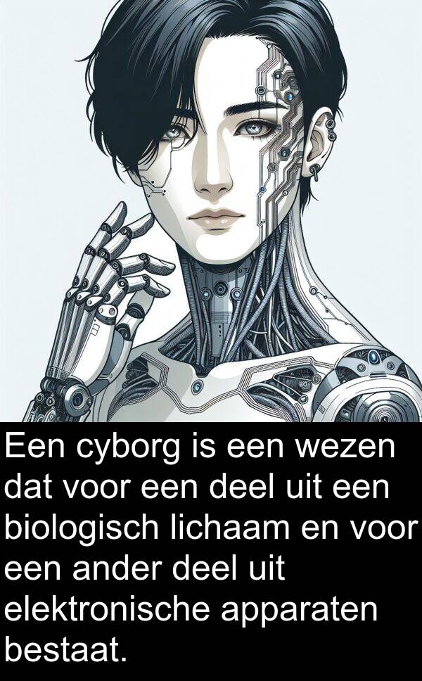 bestaat: Een cyborg is een wezen dat voor een deel uit een biologisch lichaam en voor een ander deel uit elektronische apparaten bestaat.