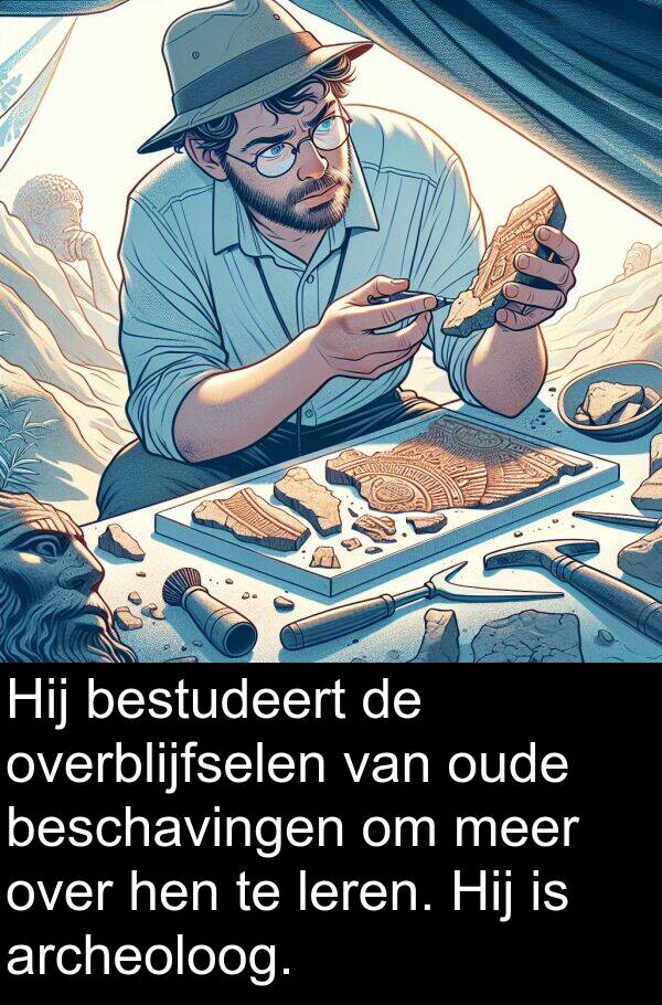 overblijfselen: Hij bestudeert de overblijfselen van oude beschavingen om meer over hen te leren. Hij is archeoloog.