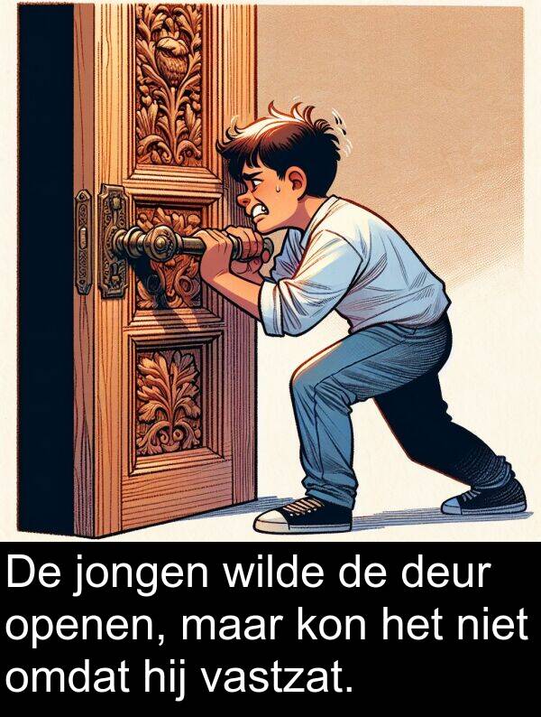 deur: De jongen wilde de deur openen, maar kon het niet omdat hij vastzat.