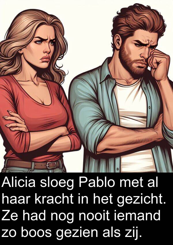 gezicht: Alicia sloeg Pablo met al haar kracht in het gezicht. Ze had nog nooit iemand zo boos gezien als zij.