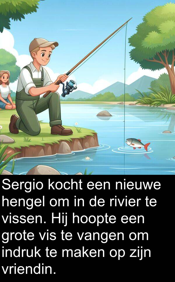 vis: Sergio kocht een nieuwe hengel om in de rivier te vissen. Hij hoopte een grote vis te vangen om indruk te maken op zijn vriendin.
