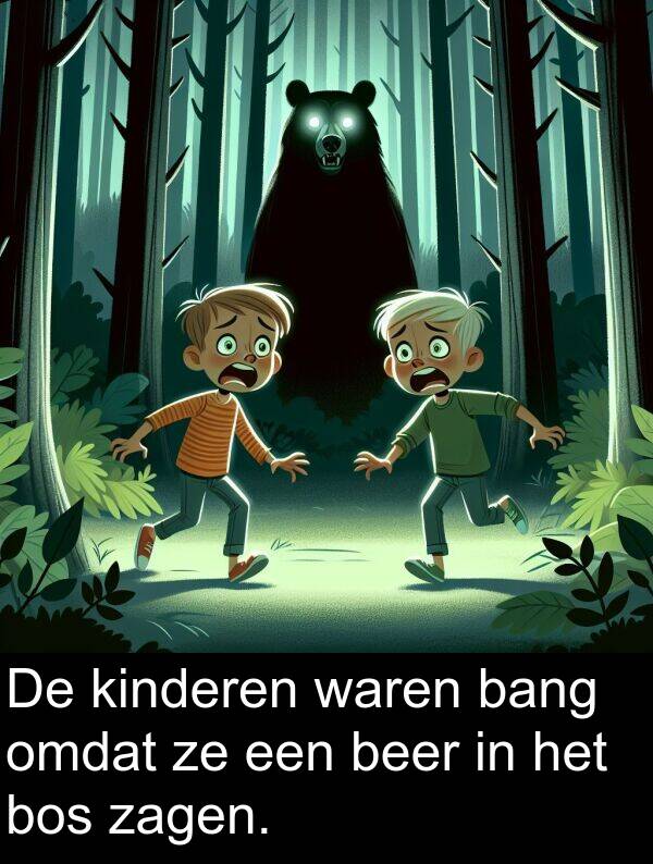kinderen: De kinderen waren bang omdat ze een beer in het bos zagen.