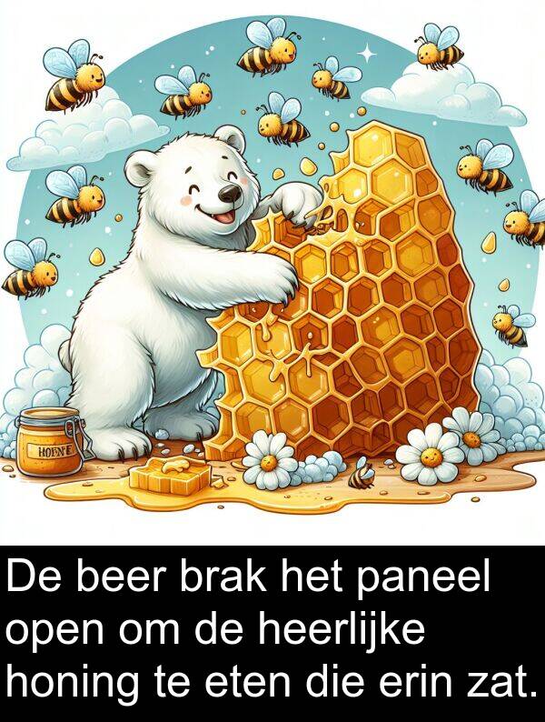 zat: De beer brak het paneel open om de heerlijke honing te eten die erin zat.