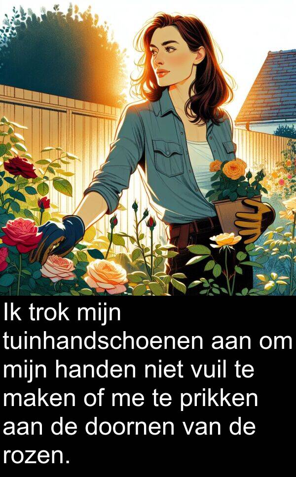 doornen: Ik trok mijn tuinhandschoenen aan om mijn handen niet vuil te maken of me te prikken aan de doornen van de rozen.