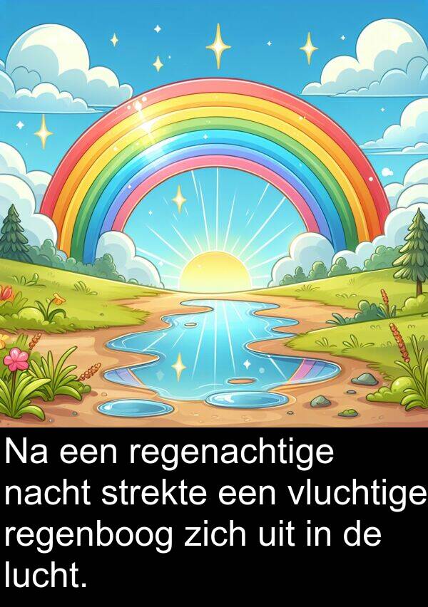 lucht: Na een regenachtige nacht strekte een vluchtige regenboog zich uit in de lucht.