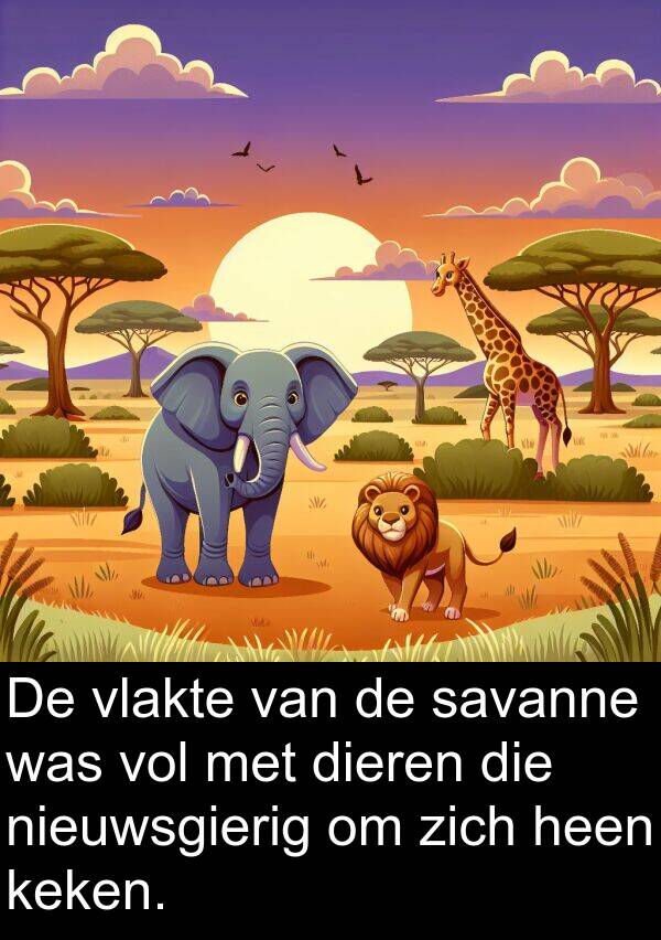 vlakte: De vlakte van de savanne was vol met dieren die nieuwsgierig om zich heen keken.