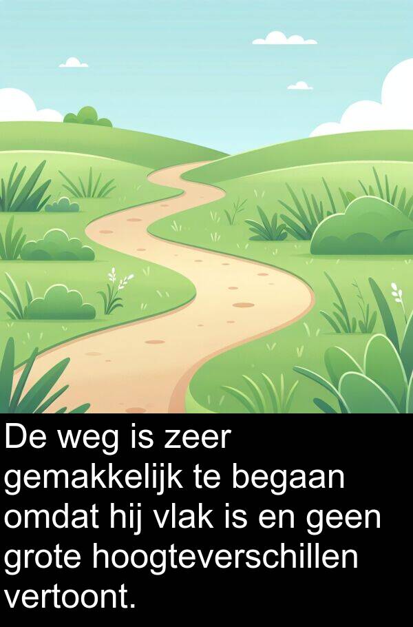 vlak: De weg is zeer gemakkelijk te begaan omdat hij vlak is en geen grote hoogteverschillen vertoont.