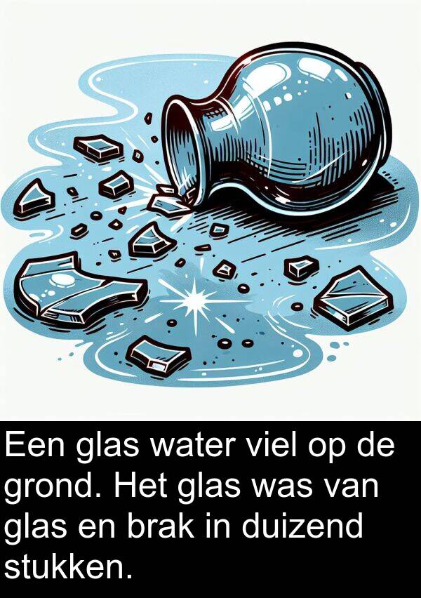 grond: Een glas water viel op de grond. Het glas was van glas en brak in duizend stukken.
