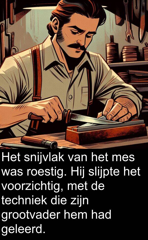 grootvader: Het snijvlak van het mes was roestig. Hij slijpte het voorzichtig, met de techniek die zijn grootvader hem had geleerd.