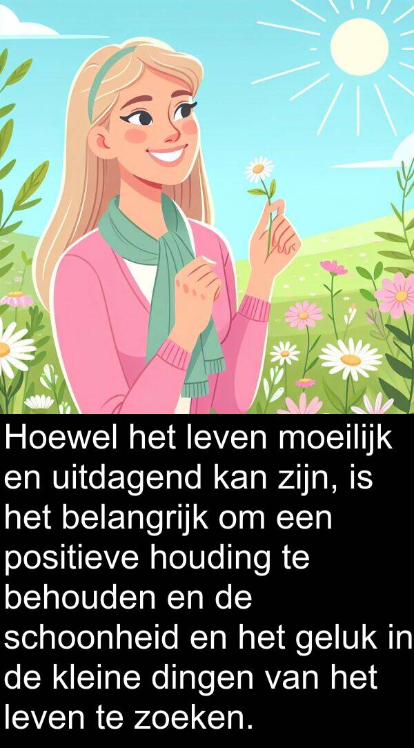 geluk: Hoewel het leven moeilijk en uitdagend kan zijn, is het belangrijk om een positieve houding te behouden en de schoonheid en het geluk in de kleine dingen van het leven te zoeken.