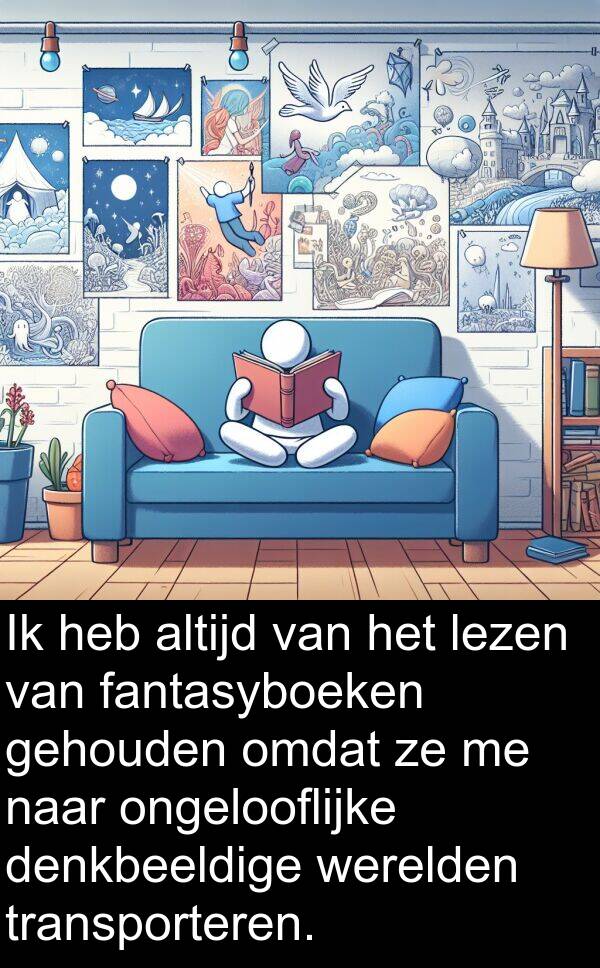 gehouden: Ik heb altijd van het lezen van fantasyboeken gehouden omdat ze me naar ongelooflijke denkbeeldige werelden transporteren.