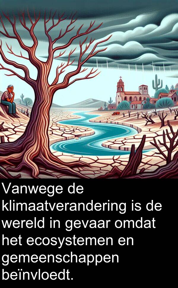 gevaar: Vanwege de klimaatverandering is de wereld in gevaar omdat het ecosystemen en gemeenschappen beïnvloedt.