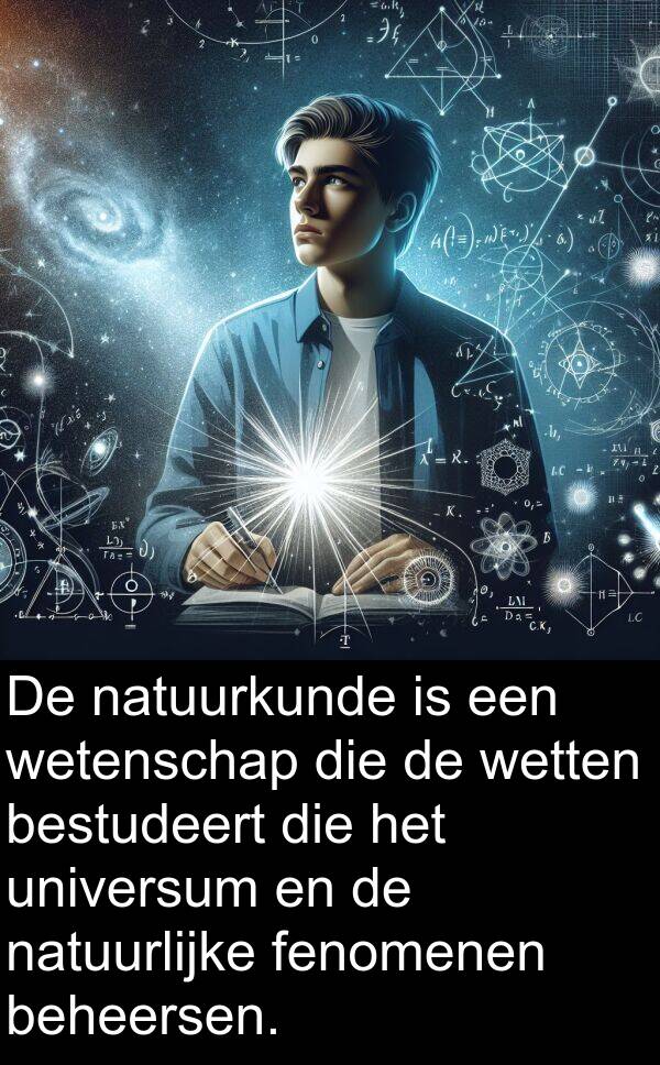 bestudeert: De natuurkunde is een wetenschap die de wetten bestudeert die het universum en de natuurlijke fenomenen beheersen.