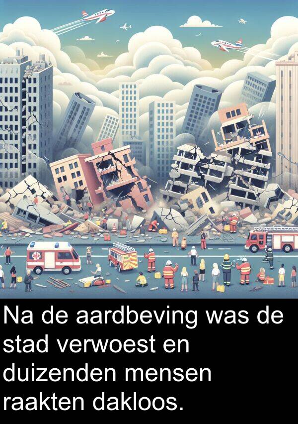 duizenden: Na de aardbeving was de stad verwoest en duizenden mensen raakten dakloos.