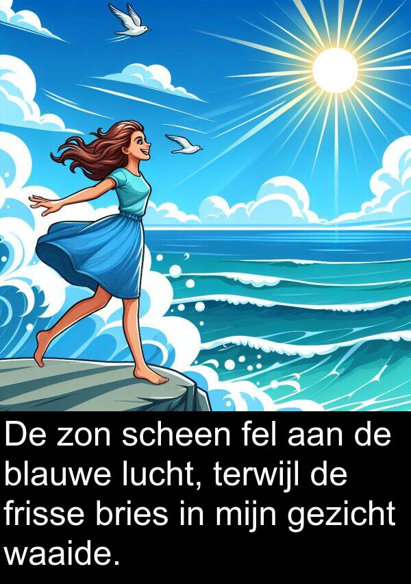 gezicht: De zon scheen fel aan de blauwe lucht, terwijl de frisse bries in mijn gezicht waaide.