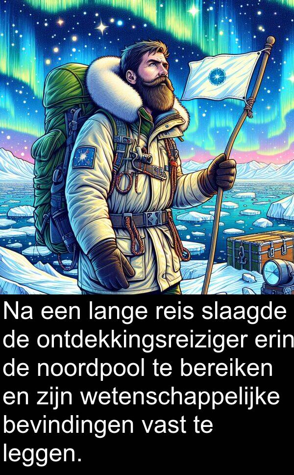 noordpool: Na een lange reis slaagde de ontdekkingsreiziger erin de noordpool te bereiken en zijn wetenschappelijke bevindingen vast te leggen.