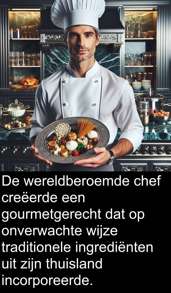 gourmetgerecht: De wereldberoemde chef creëerde een gourmetgerecht dat op onverwachte wijze traditionele ingrediënten uit zijn thuisland incorporeerde.