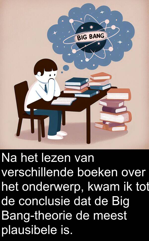 boeken: Na het lezen van verschillende boeken over het onderwerp, kwam ik tot de conclusie dat de Big Bang-theorie de meest plausibele is.