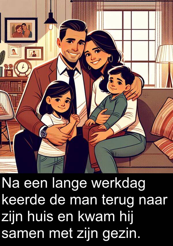 gezin: Na een lange werkdag keerde de man terug naar zijn huis en kwam hij samen met zijn gezin.