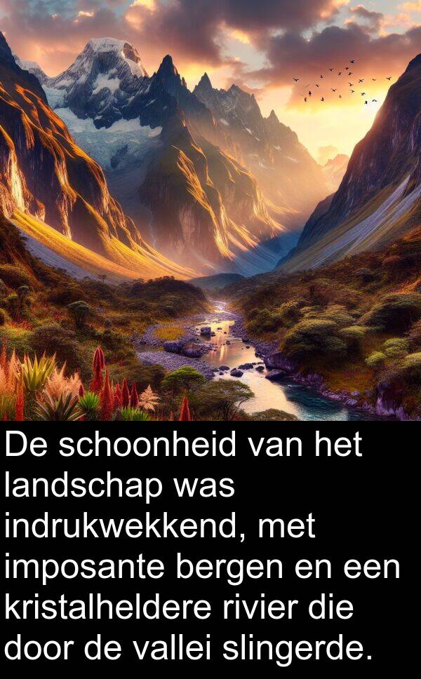 slingerde: De schoonheid van het landschap was indrukwekkend, met imposante bergen en een kristalheldere rivier die door de vallei slingerde.