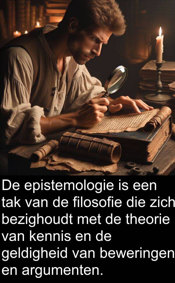 geldigheid: De epistemologie is een tak van de filosofie die zich bezighoudt met de theorie van kennis en de geldigheid van beweringen en argumenten.