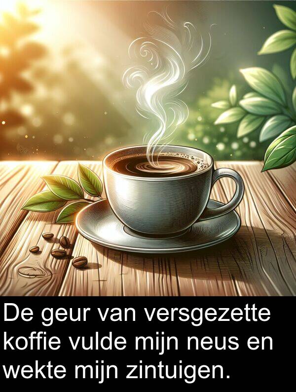 geur: De geur van versgezette koffie vulde mijn neus en wekte mijn zintuigen.