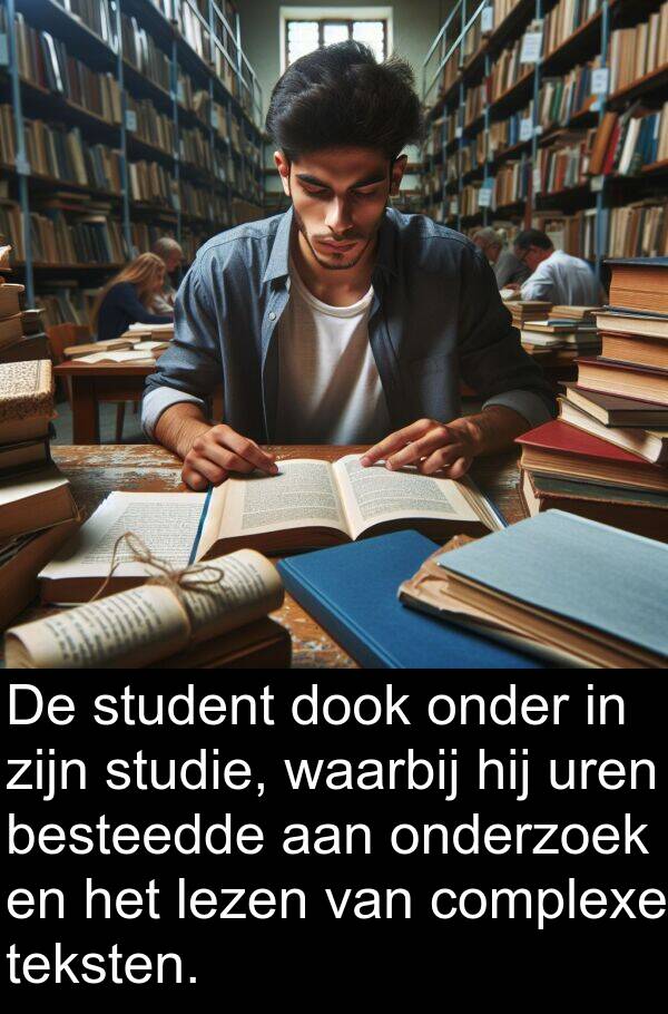 besteedde: De student dook onder in zijn studie, waarbij hij uren besteedde aan onderzoek en het lezen van complexe teksten.