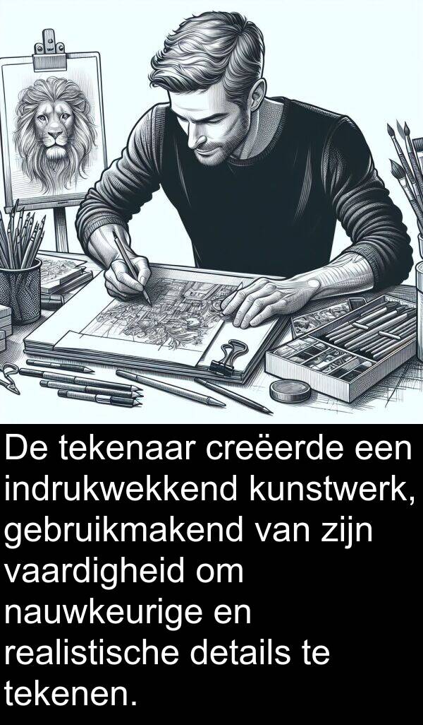details: De tekenaar creëerde een indrukwekkend kunstwerk, gebruikmakend van zijn vaardigheid om nauwkeurige en realistische details te tekenen.