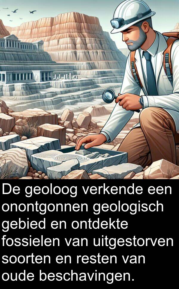fossielen: De geoloog verkende een onontgonnen geologisch gebied en ontdekte fossielen van uitgestorven soorten en resten van oude beschavingen.
