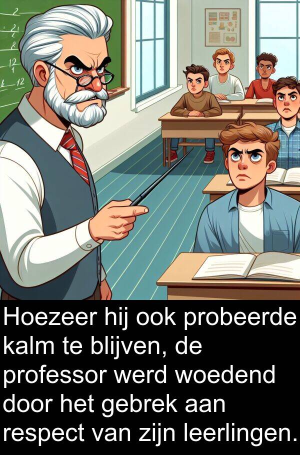 probeerde: Hoezeer hij ook probeerde kalm te blijven, de professor werd woedend door het gebrek aan respect van zijn leerlingen.