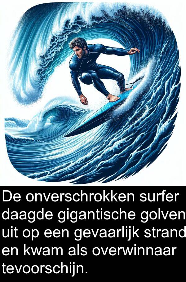 gevaarlijk: De onverschrokken surfer daagde gigantische golven uit op een gevaarlijk strand en kwam als overwinnaar tevoorschijn.