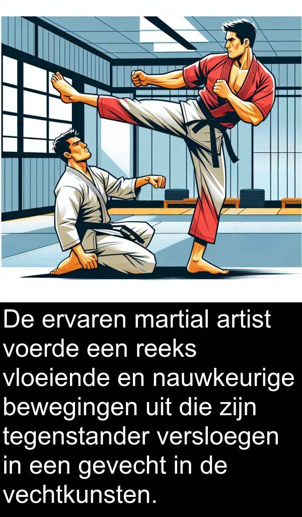 gevecht: De ervaren martial artist voerde een reeks vloeiende en nauwkeurige bewegingen uit die zijn tegenstander versloegen in een gevecht in de vechtkunsten.