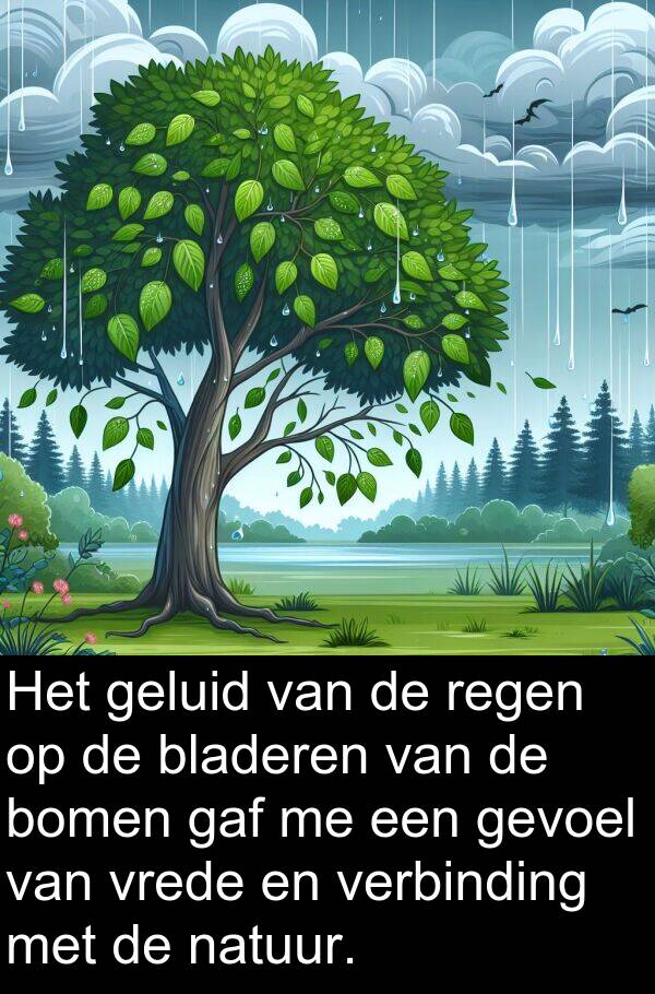 gevoel: Het geluid van de regen op de bladeren van de bomen gaf me een gevoel van vrede en verbinding met de natuur.