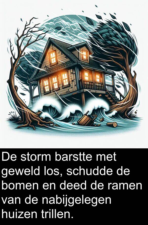 geweld: De storm barstte met geweld los, schudde de bomen en deed de ramen van de nabijgelegen huizen trillen.