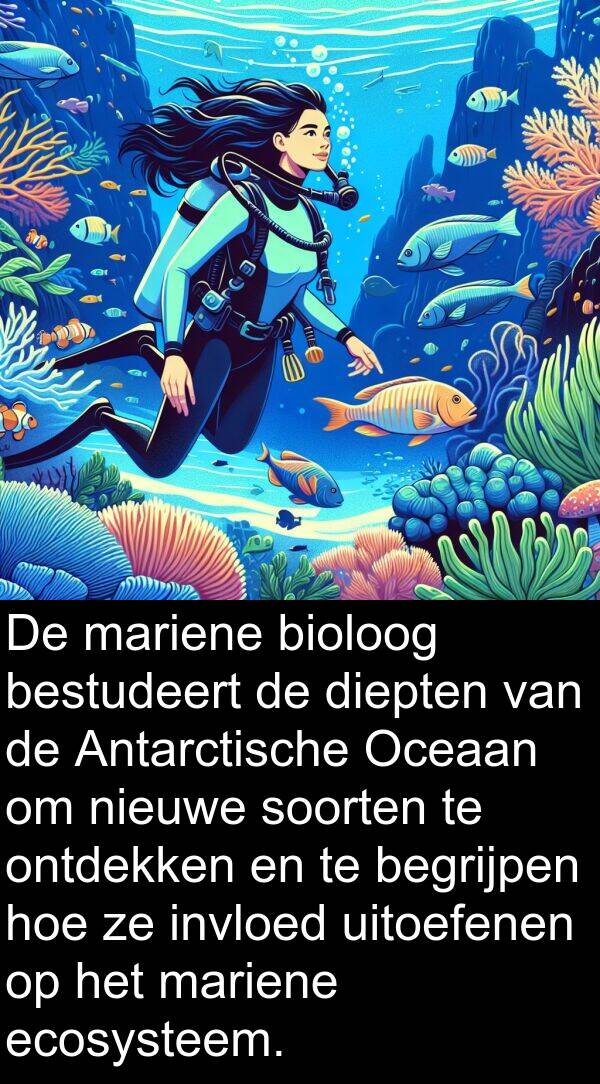 soorten: De mariene bioloog bestudeert de diepten van de Antarctische Oceaan om nieuwe soorten te ontdekken en te begrijpen hoe ze invloed uitoefenen op het mariene ecosysteem.
