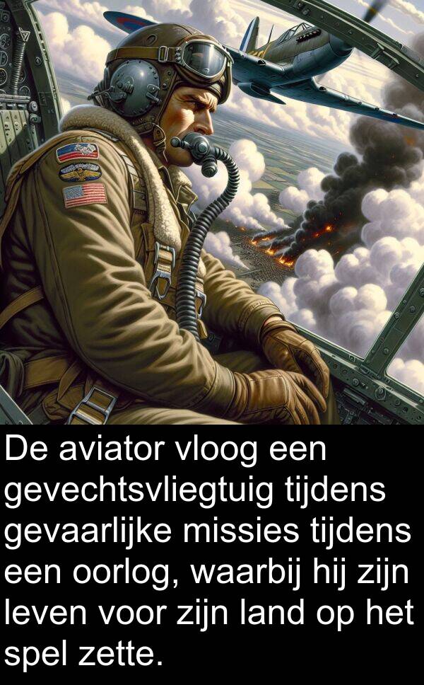 gevaarlijke: De aviator vloog een gevechtsvliegtuig tijdens gevaarlijke missies tijdens een oorlog, waarbij hij zijn leven voor zijn land op het spel zette.