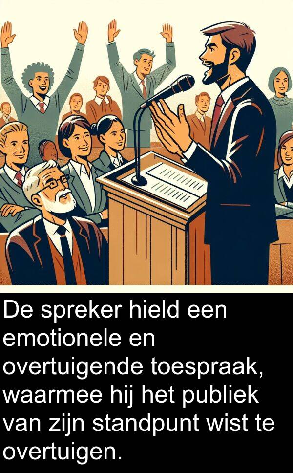standpunt: De spreker hield een emotionele en overtuigende toespraak, waarmee hij het publiek van zijn standpunt wist te overtuigen.