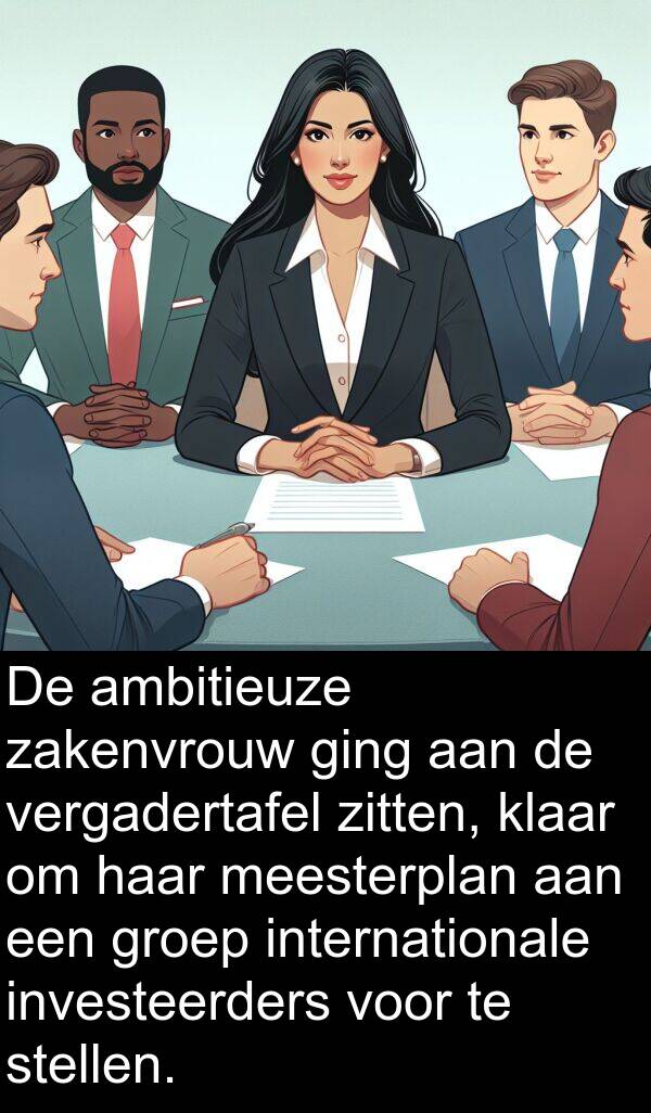 groep: De ambitieuze zakenvrouw ging aan de vergadertafel zitten, klaar om haar meesterplan aan een groep internationale investeerders voor te stellen.