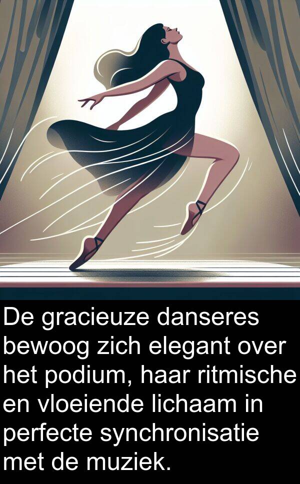 gracieuze: De gracieuze danseres bewoog zich elegant over het podium, haar ritmische en vloeiende lichaam in perfecte synchronisatie met de muziek.