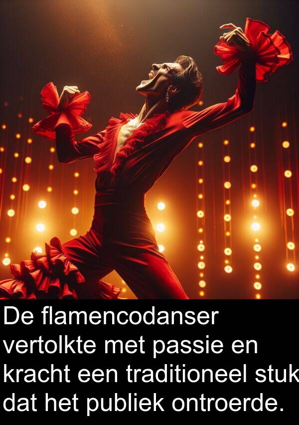 flamencodanser: De flamencodanser vertolkte met passie en kracht een traditioneel stuk dat het publiek ontroerde.