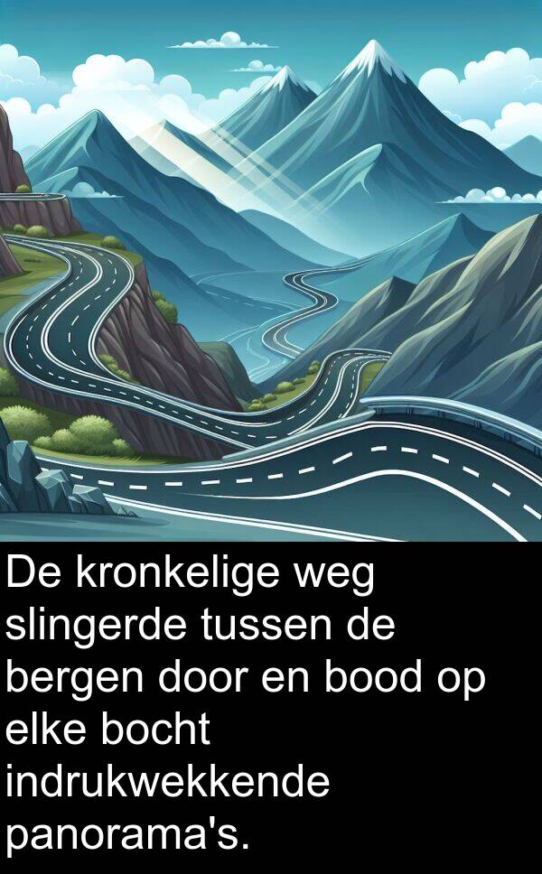 slingerde: De kronkelige weg slingerde tussen de bergen door en bood op elke bocht indrukwekkende panorama's.