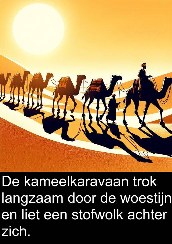 stofwolk: De kameelkaravaan trok langzaam door de woestijn en liet een stofwolk achter zich.