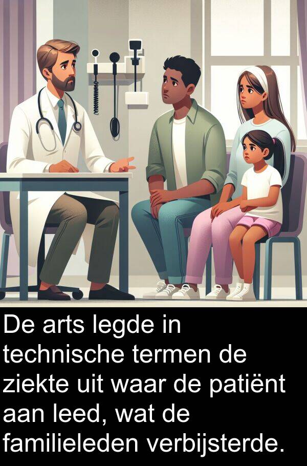 patiënt: De arts legde in technische termen de ziekte uit waar de patiënt aan leed, wat de familieleden verbijsterde.