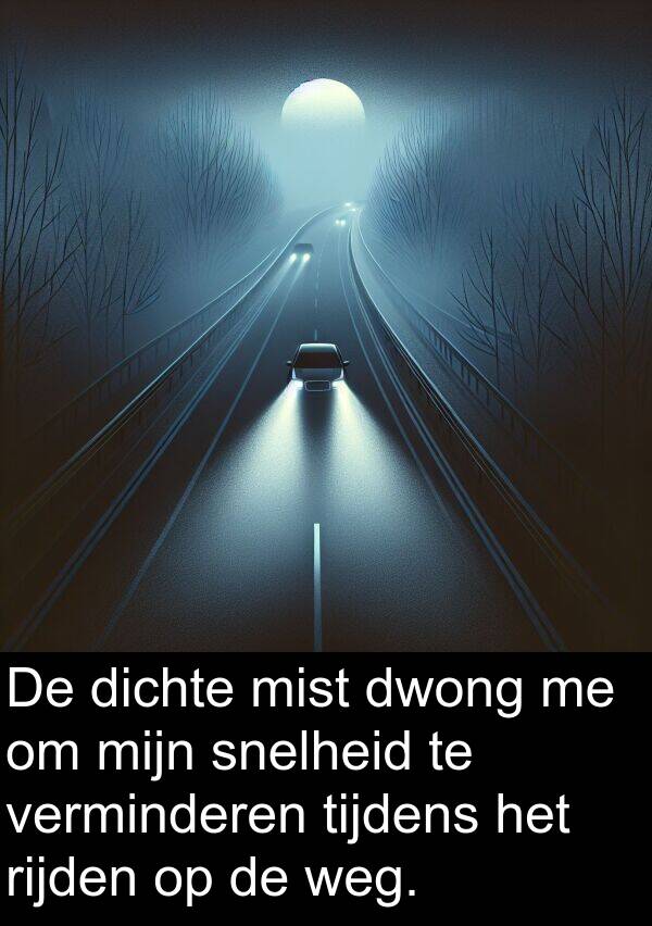 snelheid: De dichte mist dwong me om mijn snelheid te verminderen tijdens het rijden op de weg.