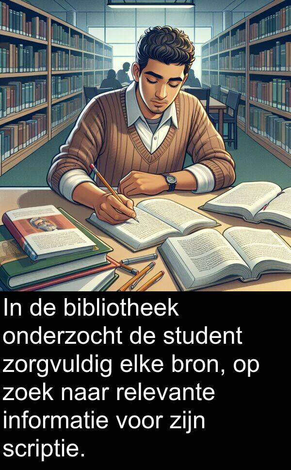 informatie: In de bibliotheek onderzocht de student zorgvuldig elke bron, op zoek naar relevante informatie voor zijn scriptie.