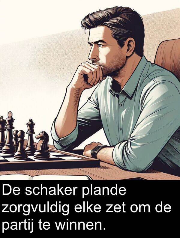 zet: De schaker plande zorgvuldig elke zet om de partij te winnen.