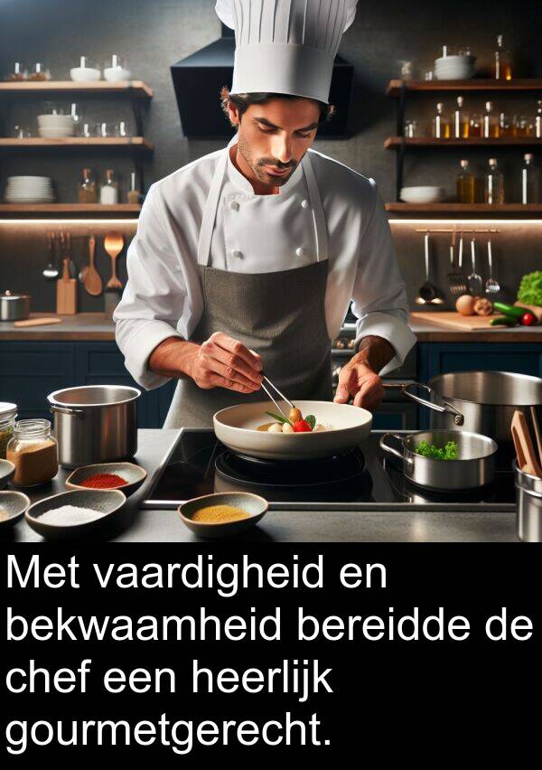 gourmetgerecht: Met vaardigheid en bekwaamheid bereidde de chef een heerlijk gourmetgerecht.