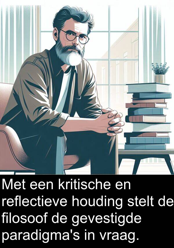 gevestigde: Met een kritische en reflectieve houding stelt de filosoof de gevestigde paradigma's in vraag.